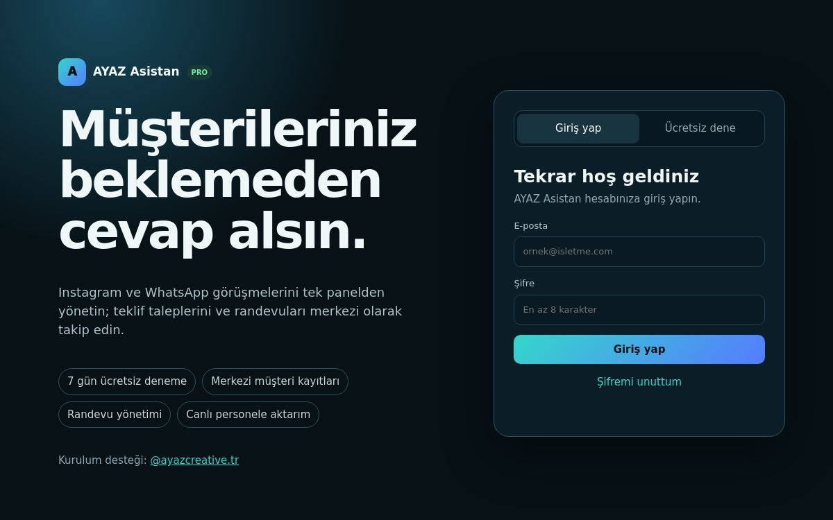 AYAZ Asistan yapay zekâ destekli müşteri yönetim sistemi giriş ekranı